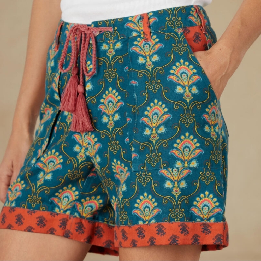 Sundance Kalini Paisley Floral Cotton Linen Blend Shorts w/Tassel